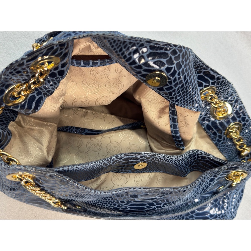 Michael Kors Shoulder Bag Women  Blue Snakeskin Leather Hobo Chain Gold Baddie - Picture 10 of 13
